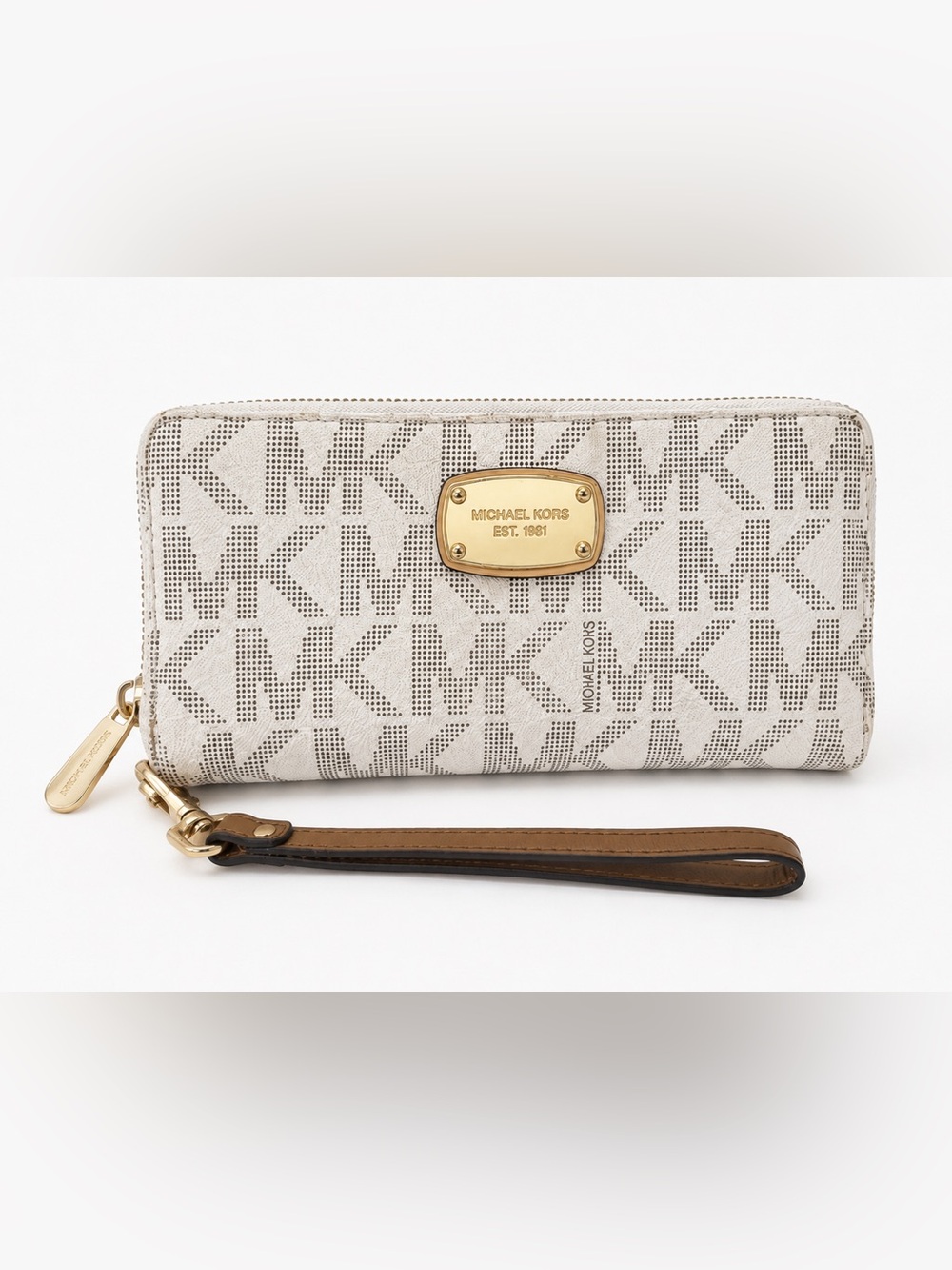 Michael Kors Cream and Brown Signature Wristlet Clutch with Gold Plaque